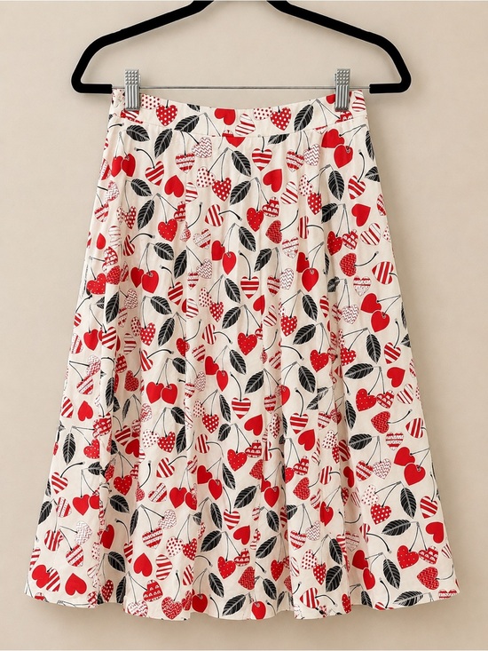 Tulip B Dresses & Skirts - NWT Cream Midi Skirt with Red Heart Cherry Print Dots Stripes 100% Cotton
